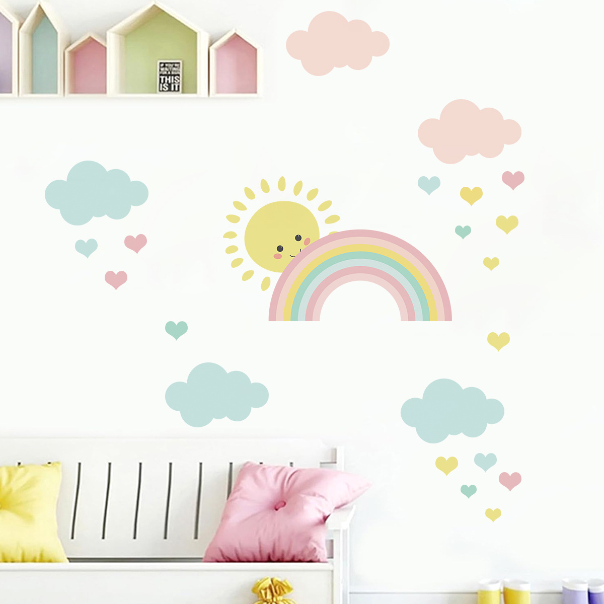 Cartoon Sun Rainbow Clouds Wal - Baby Nursery Decor Girl recension och pris